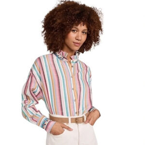 Xirena Pink Sunrise Banded Neck Long Sleeve Ruffle Striped Jensen Shirt Size S